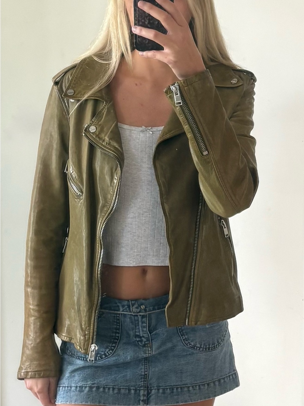 90's y2k Olive Green 100% Leather Moto Jacket
